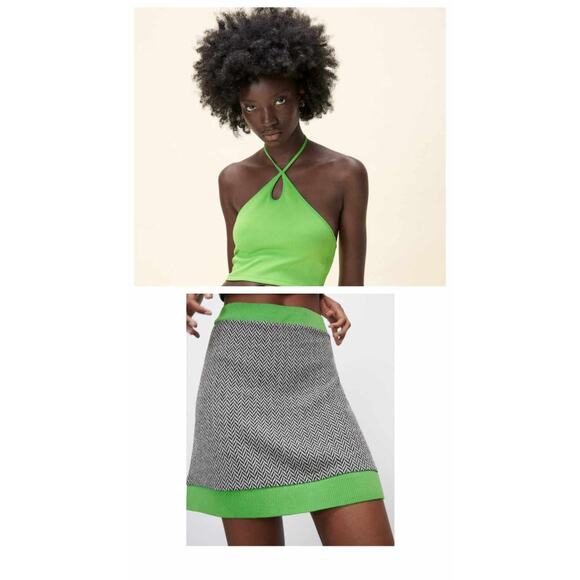 Zara Halter Crop Top + Knit Jacquard High Waisted Mini Skirt Neon Green Small - Picture 1 of 13
